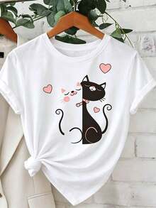 Plus Size Women's T-Shirt With A Soft And Cute Cat Hug Print, Crew Neck, Perfect For Spring/Summer, Comfortable And Casual. Stylish Everyday Wear, Ideal For Work And Meeting Up With Friends. Simple, Casual Style, Short Sleeves. - 白色 - 查看 7