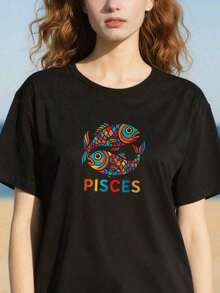 PremiumLooseDreamy-Pisces-Duo-T-Shirtroundneckt-ShirtcasualandversatilefordailywearGift Idea - 黑色 - 查看 1