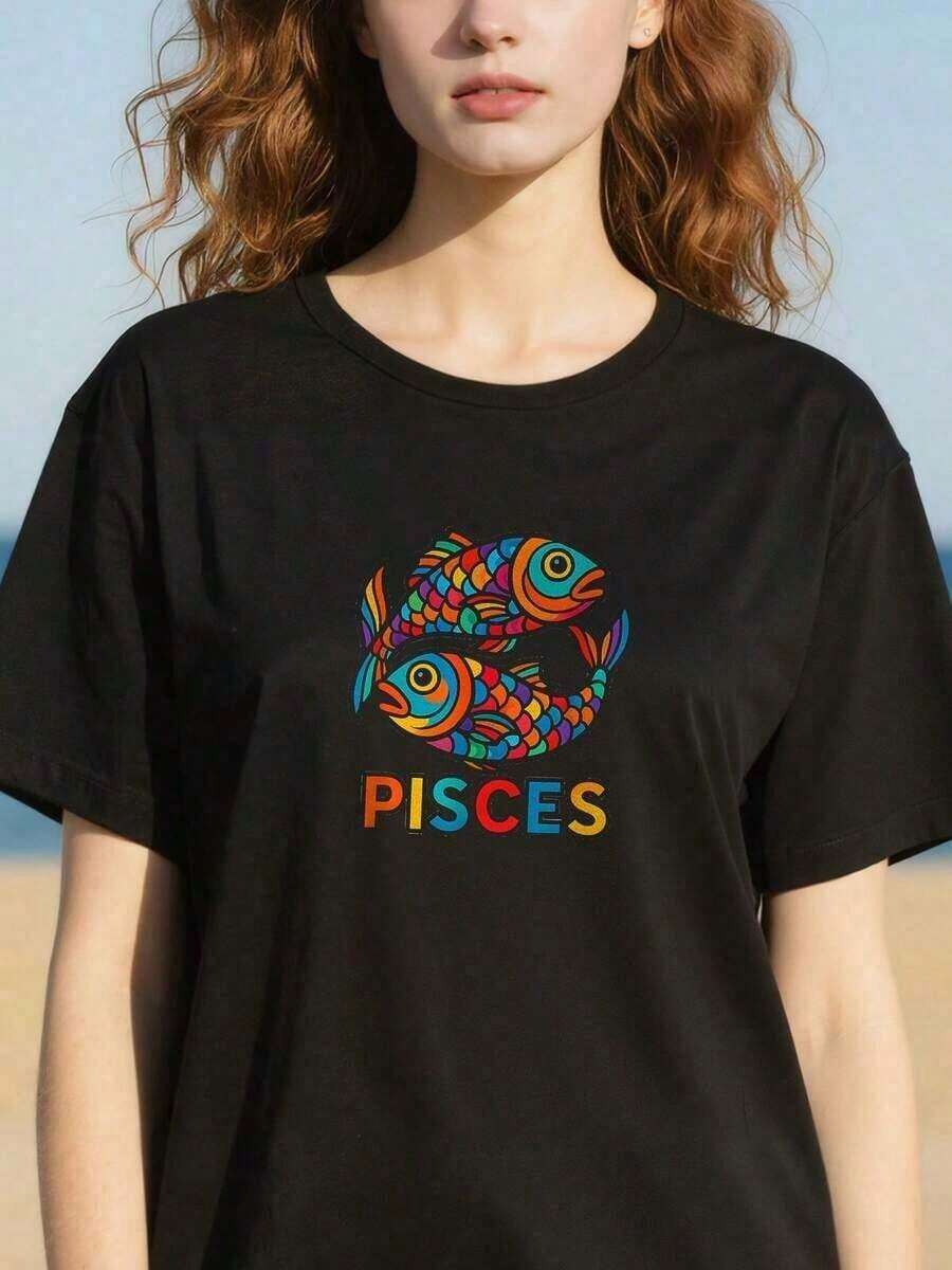 PremiumLooseDreamy-Pisces-Duo-T-Shirtroundneckt-ShirtcasualandversatilefordailywearGift Idea - 黑色 - 查看 1