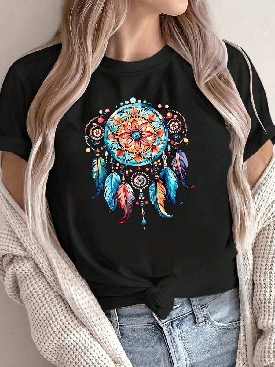 Women's Short-Sleeved T-Shirt With Front Print, Comfortable And Breathable Fabric, Casual Sporty Style, Suitable For Everyday Casual And Athletic Wear In Summer. OL0L 100% Cotton - 黑色 - 查看 1