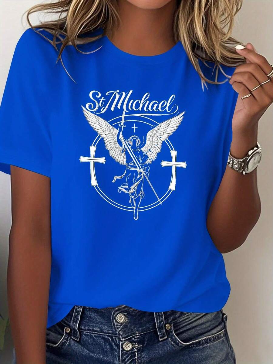 Women's T-Shirt With Guardian Angel Design - Guardian Angel Design, Religious Symbol T-Shirt, Soft Casual Top For Everyday Wear (Machine Washable) - Christian Faith Clothing, Ode To Faith, Comfortable Fabric, Spiritual Explorer, Elegant Party Outfit, T-Shirt For Elegant Ladies, Blouses Suitable For Curvy Women, Casual Clothing, Cool And Sweat-Free Clothing In Summer, Fun Letter Print - 藍色 - 查看 1