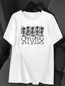 T-Shirt With A Dancing Skeleton Print. Available In 6 Colors, Short Sleeves, Round Neck, High-Stretch Casual Sports Top. Machine Washable. Suitable For Spring And Summer. Can Be Worn In All Seasons. Women's Clothing. Elegant Party Outfit, T-Shirt For Elegant Ladies, Blouses Suitable For Curvy Women, Casual Wear, Cool And Sweat-Free Summer Wear, Fun Letter Print. - 白色 - 查看 1