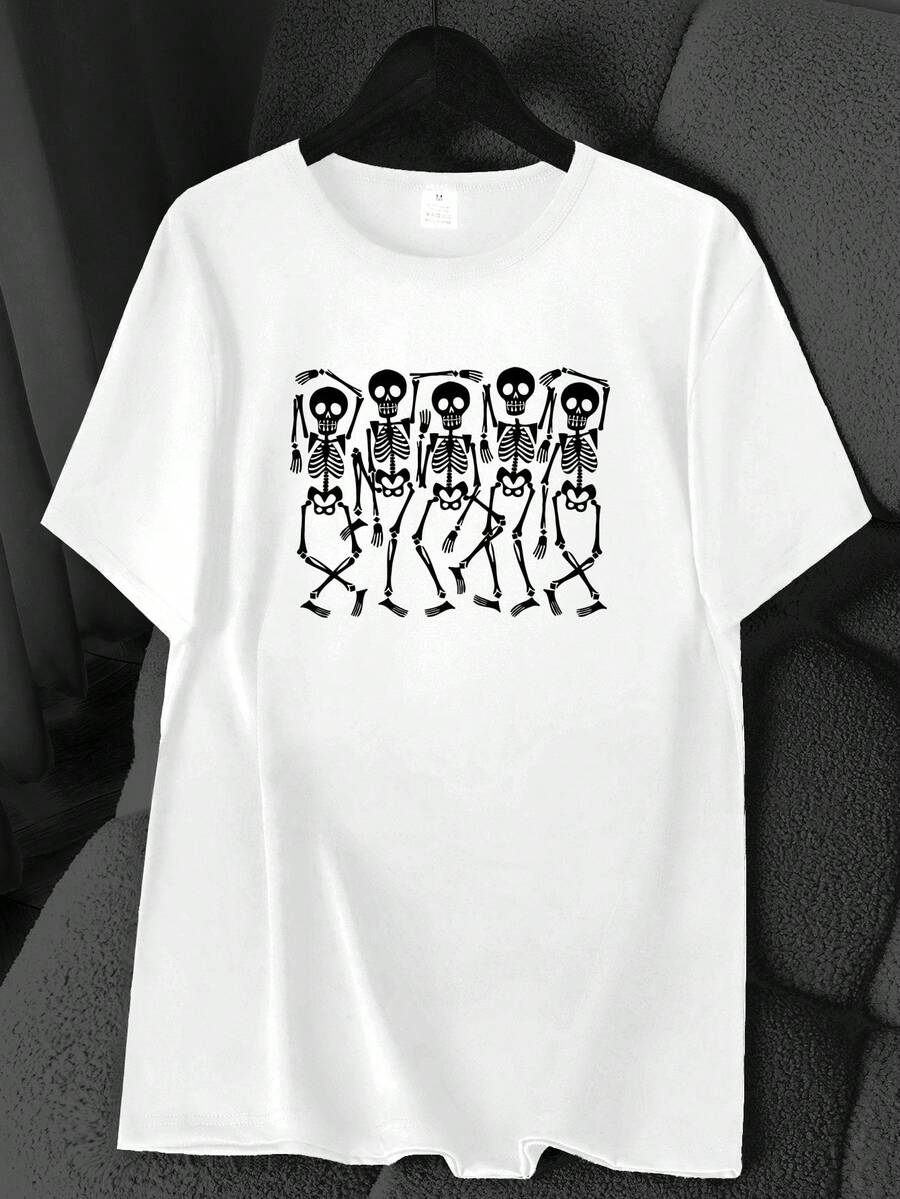T-Shirt With A Dancing Skeleton Print. Available In 6 Colors, Short Sleeves, Round Neck, High-Stretch Casual Sports Top. Machine Washable. Suitable For Spring And Summer. Can Be Worn In All Seasons. Women's Clothing. Elegant Party Outfit, T-Shirt For Elegant Ladies, Blouses Suitable For Curvy Women, Casual Wear, Cool And Sweat-Free Summer Wear, Fun Letter Print. - 白色 - 查看 1