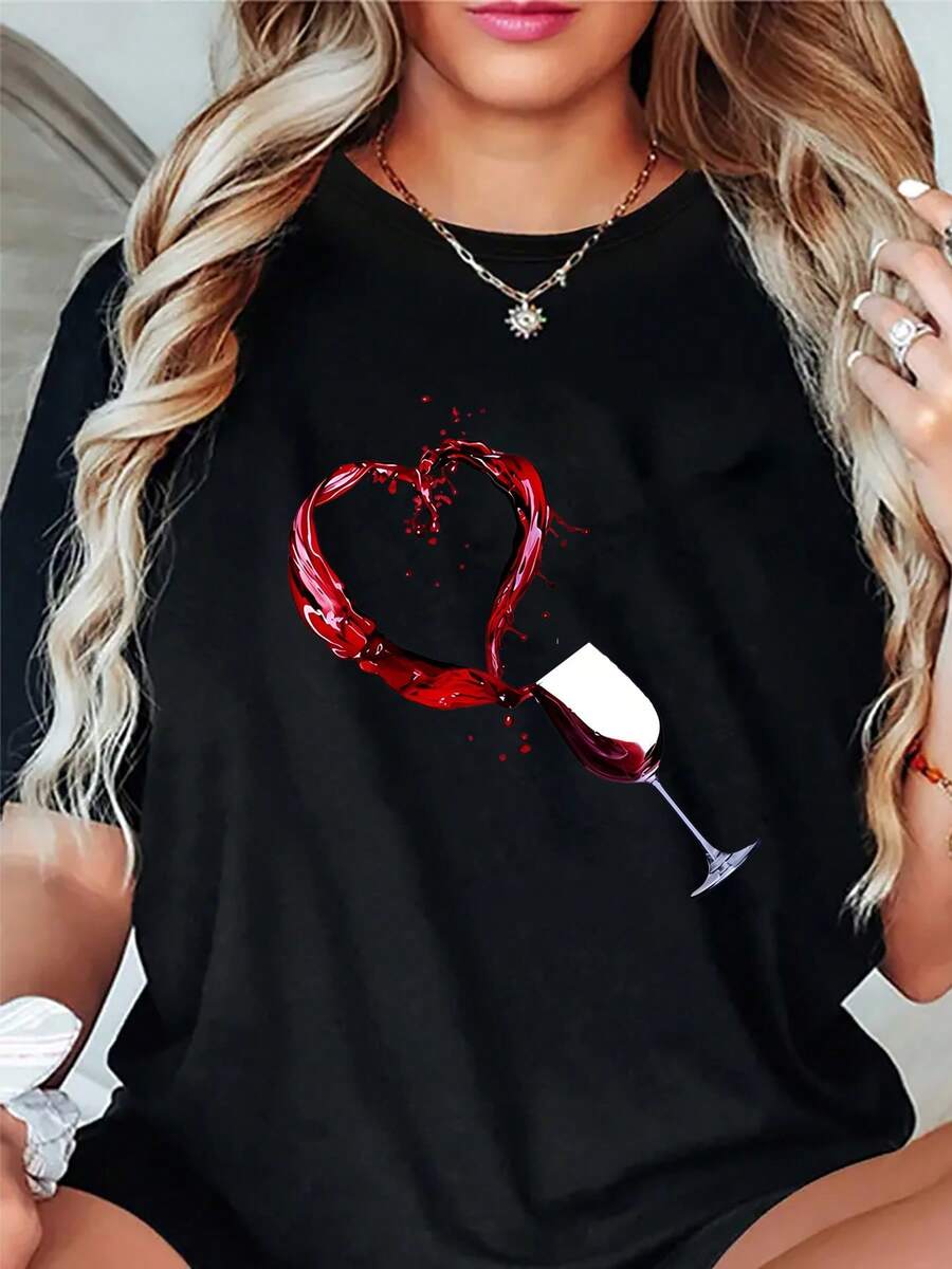 Spilled Red Wine T-Shirt - Women's Fashion Printed T-Shirt, Vibrant Casual Sporty Style - Comfortable Crew Neck Short Sleeve Top For All Seasons - 黑色 - 查看 1