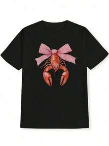 Black Crew Neck T-Shirt With Pink Lobster Print And Bow, Casual Short Sleeve Top For Women, Spring/Summer. Women's Blouses > Clothing - 黑色 - 查看 4