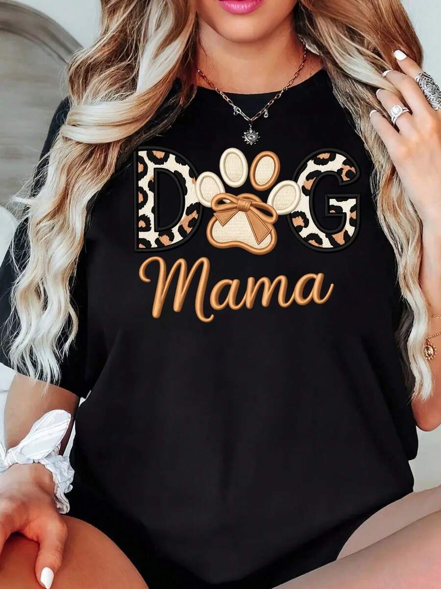 Women's Short-Sleeved T-Shirt With "Dog Mom" Leopard Print, Casual Black Round Neck T-Shirt, Elastic, Machine Washable, Suitable For Sports And Leisure In Spring/Summer/Autumn. - 黑色 - 查看 1