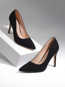 Women Stiletto High Heel Pumps Pointed Toe Solid Color Elegant Fashionable Wedding Party Court Shoes Suitable For Both Formal And Casual Occasions - 黑色-麂皮 - 查看 1