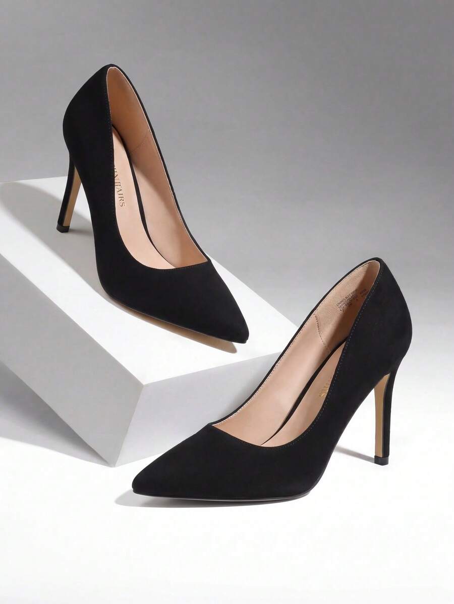 Women Stiletto High Heel Pumps Pointed Toe Solid Color Elegant Fashionable Wedding Party Court Shoes Suitable For Both Formal And Casual Occasions - 黑色-麂皮 - 查看 1