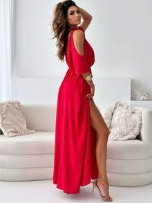 Women's Red Dress With V-Neck, Off-The-Shoulder Lacing, Three-Quarter Sleeves, High Side Slit, Gathered Waist, Flowing Chiffon Fabric, Elegant And Sexy Style Ideal For Summer Vacations, Beach Parties And Formal Evening Events - 紅色 - 查看 2