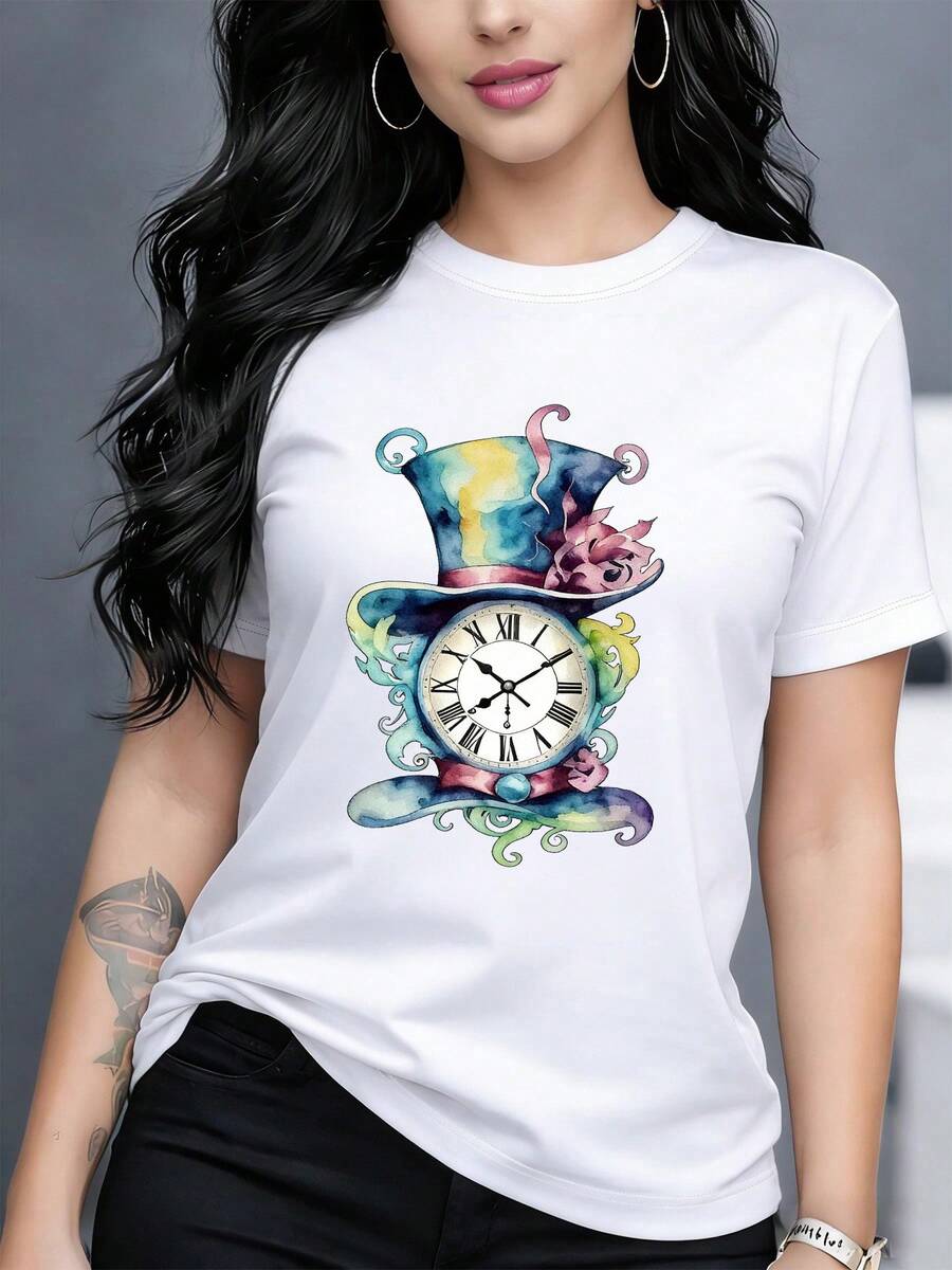 Women's Casual T-Shirt With Watercolor Clock Print, Fashionable And Comfortable Top For Everyday Wear 001# - 白色 - 查看 1