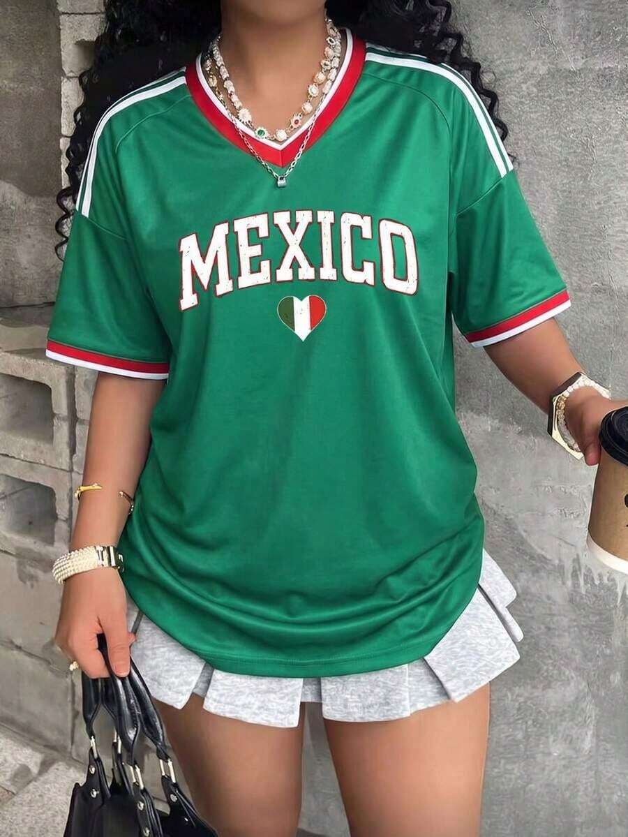 Jersey de Fútbol para Mujer México con Corazón Bandera - Estilo Deportivo Oversize Verde