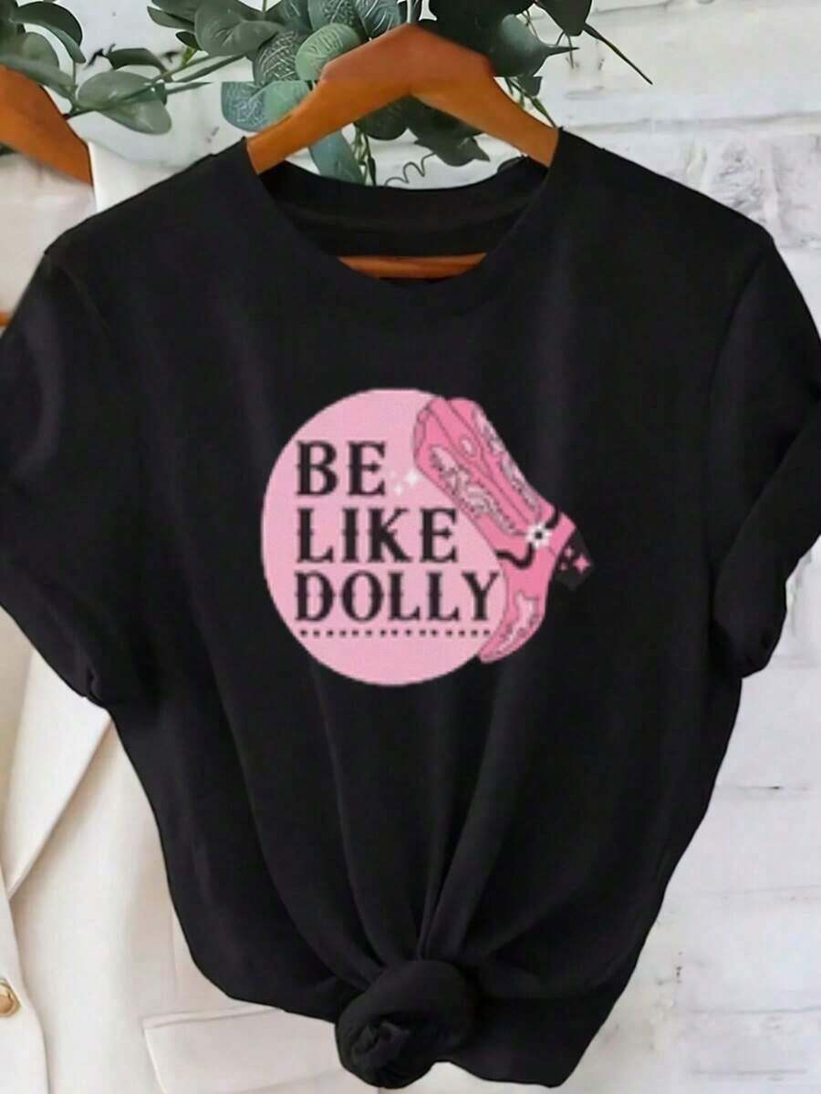 Premium And Comfortable White T-Shirt, Printed With The Pink "BE LIKE DOLLY" Pattern, High Heel Illustration, Knot Detail, Casual Round Neck, Can Be Hung On A Wooden Hanger, Summer T-Shirt, Suitable For Everyday Wear, Gift Idea - 黑色 - 查看 1