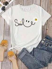 Camisole With A Beautiful Daisy Smile Print, Harajuku Style, Black Graphic Design Camisole, Casual Round Neck Camisole For Women. Suitable As A Gift. Women's T-Shirt. Blouses > Elegant. Boho Chic. Soft, Breathable, And Comfortable Women's Top, Ideal For Spring, Summer, And Autumn, Perfect For Vacations, Travel, And Everyday Wear. - 白色的 - 查看 5