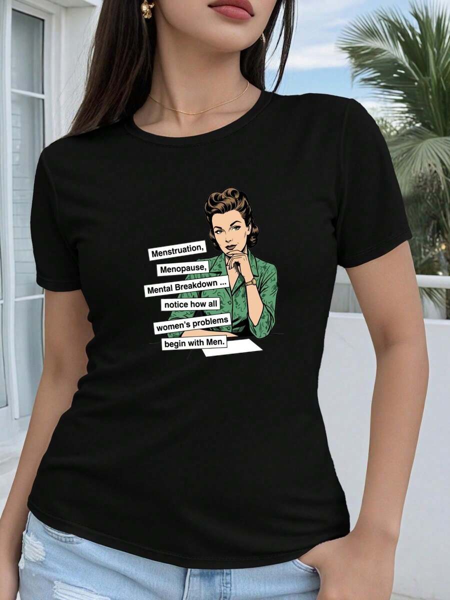 Camiseta Deportiva Casual para Mujer con Gráfico Vintage Pin-Up - Camiseta Negra Elástica de Cuello Redondo, Lavable aáquina, Ajuste Cómodo para Todas las Estaciones, Perfecta para Combinar con Jeans Azules Claros. - Negro - Ver 1