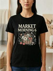 Women's Printed T-Shirt - Casual Short Sleeve Crew Neck T-Shirt In Black With MARKET MORNING 6 Graphic Design, Relaxed Fit For All Seasons, Perfect For Everyday Wear Or Holiday Outfits (Machine Washable). - 黑色 - 查看 6
