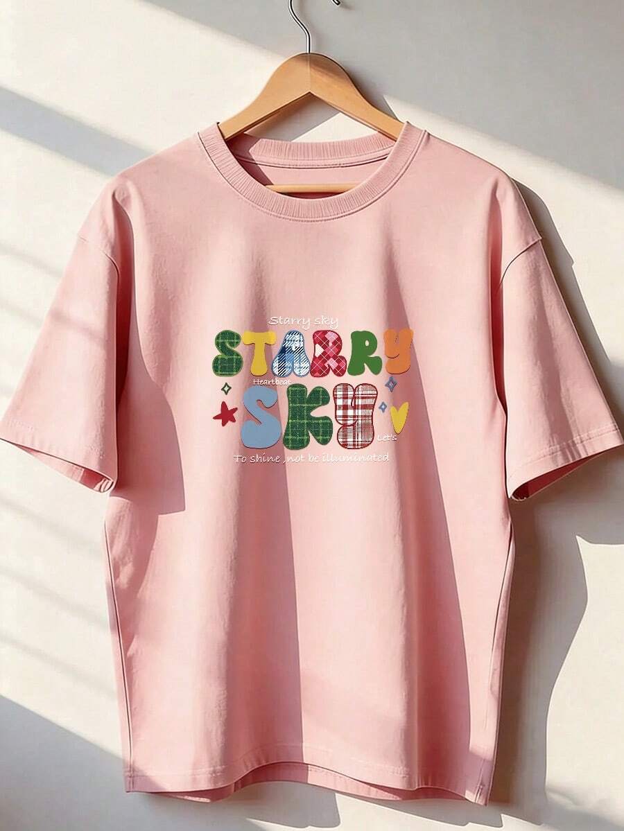 Starry Sky T-Shirt With Checkered Lettering, Short-Sleeved T-Shirt For Spring/Summer 2026, Made In Mexico, 180 Grams. Cartoon Print, Couple Design, Suitable For Indoor Or Outdoor Wear. Crew Neck, Unisex, Ideal For The Office And Leisure. One-Pack. - PK-P631577SLNDXZGY584 - 查看 1