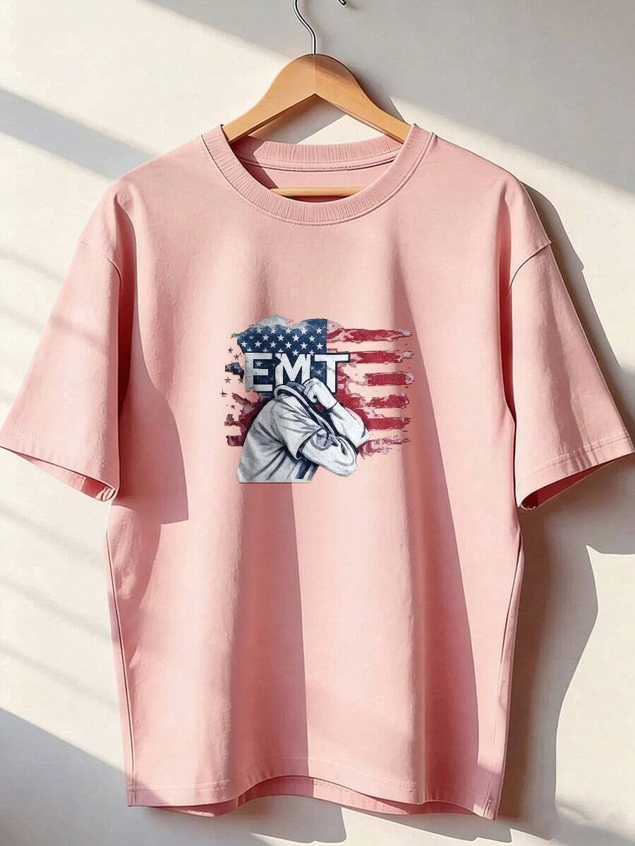 Short-Sleeve T-Shirt For EMT And USA Lovers. Short-Sleeve T-Shirt For Spring And Summer 2026, Made In Mexico, 180 Grams. Cartoon Print, Couple Design, Suitable For Indoor Or Outdoor Wear. Crew Neck, Unisex, Ideal For Office And Leisure. One-Pack. - PK-P631577SLNDXZGY614 - 查看 1