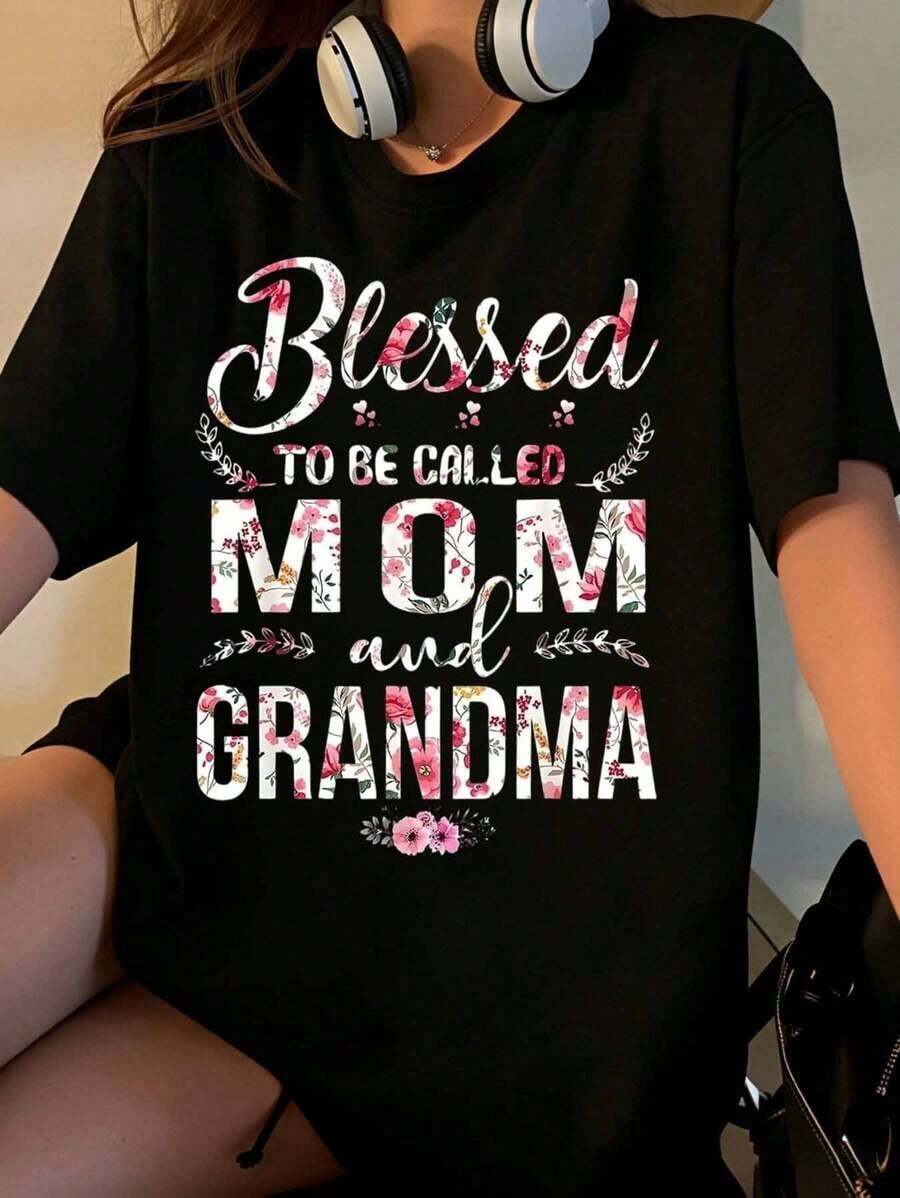 Women's Floral Print T-Shirt "Blessed By Mom And Grandma" Gift For Mother And Grandmother, Casual Summer T-Shirt - 黑色 - 查看 1