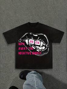 Camiseta Unisex de Manga Corta "SUCK AWAY THE NEGATIVE ENERGY" - 180g 100% Algodn, Corte Regular con Diseo de Labios Audaces y Letras en Rosa y Blanco para Verano Casual o Regalos - Negro - Ver 2
