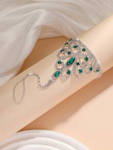 1pc Copper Toe Ring With Shiny Rhinestone Barefoot Anklet, Suitable For Women Bride Beach Wedding/Evening Party - Silver-green - View 2
