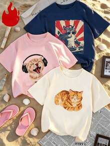 Set Of 1 Women's Short-Sleeved T-Shirts With Round Neck, Letter Print, Palm Trees And Flowers In Eye-Catching Colors, Casual, Versatile And Suitable For Daily Use, Holidays And Spring-Summer - 杏色 - 查看 1