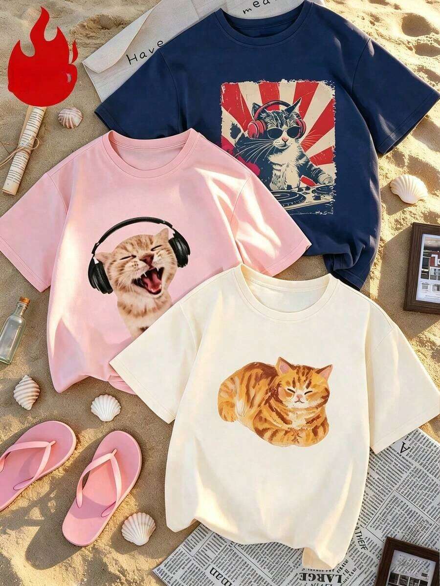Set Of 1 Women's Short-Sleeved T-Shirts With Round Neck, Letter Print, Palm Trees And Flowers In Eye-Catching Colors, Casual, Versatile And Suitable For Daily Use, Holidays And Spring-Summer - 杏色 - 查看 1