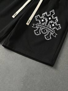 Retro Cross Logo Graffiti Loose Shorts, Subculture High Street Style Graphic Print Men Plus Size Shorts, New Arrival - Black - View 6