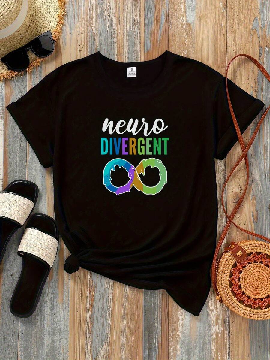 Women's T-Shirt, 1 Piece, Y2K Style Neurodiversity T-Shirt For Women, Neurodiversity T-Shirt, Infinity Symbol T-Shirt, Neurodiversity Awareness T-Shirt, Neurodiversity T-Shirt, Short Sleeve T-Shirt With Neurodiversity Print, Birthday Gift. - 黑色 - 查看 1