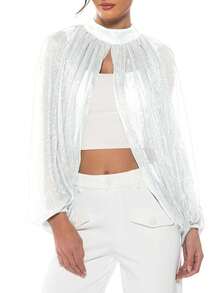 Women's Sheer Blouse Glitter Solid Color Long Sleeve Mock Neck Open Front Tops Streetwear - White - View 2