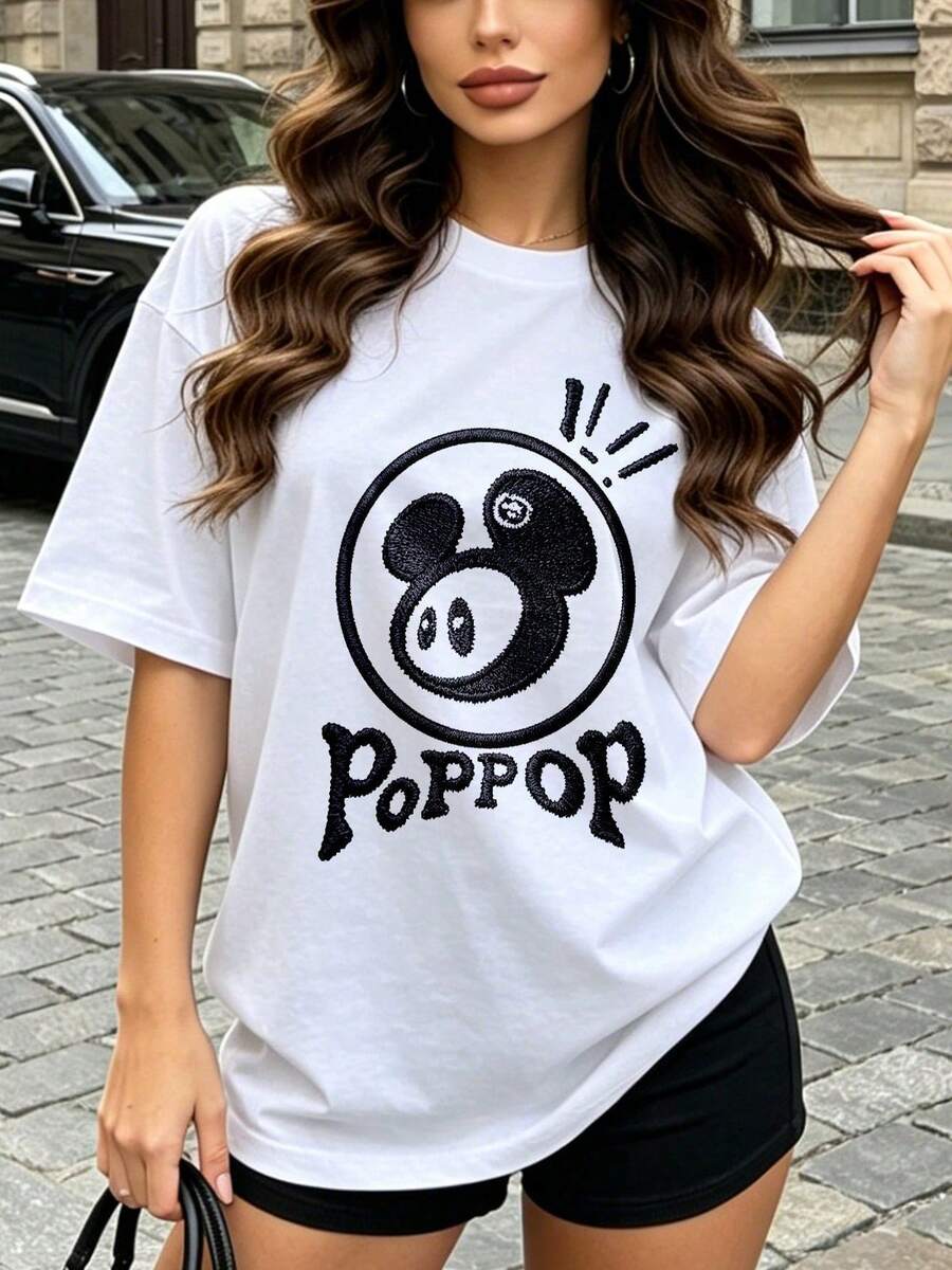 Women's Soft And Casual Short-Sleeved T-Shirt With A Round Neck, Featuring An Embroidered Print Of A Cute Poppop Mouse, Perfect For Everyday Casual Wear. White. - 白色 - 查看 1