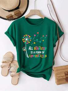 Women's T-Shirt With Inspirational Quote, Graphic T-Shirt With The Phrase "All Behavior Is A Form Of Communication", Casual Short Sleeve Crew Neck Top, 100% Knit Fabric, Regular Fit, For All Seasons, Ladies' T-Shirts - 墨綠色 - 查看 1