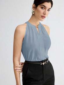 Camiseta de tirantes elegante con cuello de ojo de cerradura de unicolor, versátil para ir al trabajo, uso diario, retro romántico de los 90, adecuada para Navidad, Año Nuevo, San Valentín, fiesta, playa, graduación, moda, carnaval, vacaciones, in - Azul - Ver 4