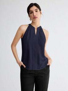 Camiseta de tirantes elegante con cuello de ojo de cerradura de unicolor, versátil para ir al trabajo, uso diario, retro romántico de los 90, adecuada para Navidad, Año Nuevo, San Valentín, fiesta, playa, graduación, moda, carnaval, vacaciones, in - Azul marino - Ver 5
