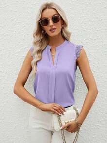 Clasi Camisa de mujer sin mangas de unicolor con cuello en V elegante y parche de encaje, verano - Púrpura malva - Ver 5