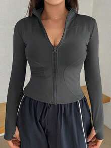 Chaqueta Ajustada Con Cierre De Cremallera Para Mujer - Gris Oscuro - Ver 2