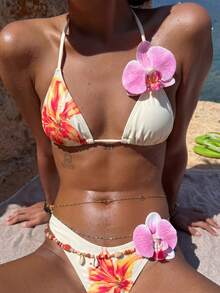 Bộ bikini dây buộc cổ họa tiết hoa gợi cảm dành cho nữ, kiểu dáng thời trang và thoải mái, phù hợp cho kỳ nghỉ hè, đi biển và các dịp lễ hội. - trái cam - Xem 4
