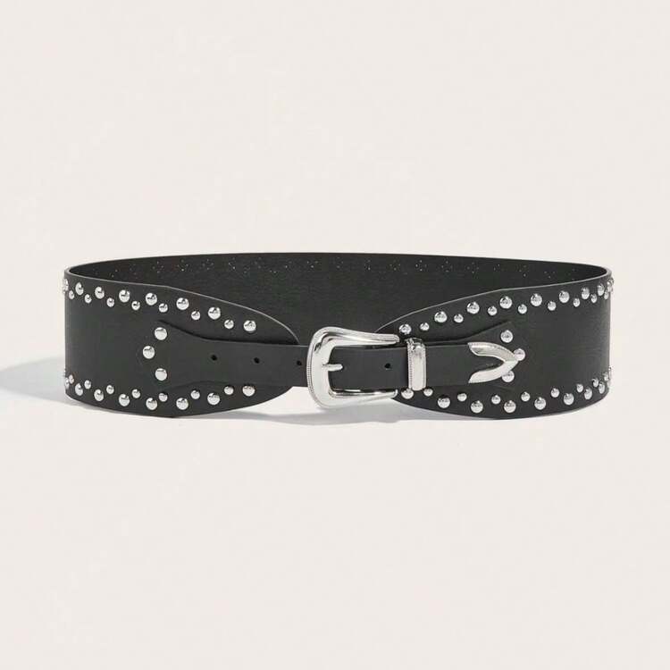 New Y2K Style Rivet Curved Waist Belt, Multifunctional Asymmetrical Belt - Black Silver Buckle - View 14