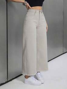 Pantalones vaqueros de pierna ancha con borde deshilachado para mujer, ideales para primavera-verano al aire libre - Gris - Ver 5