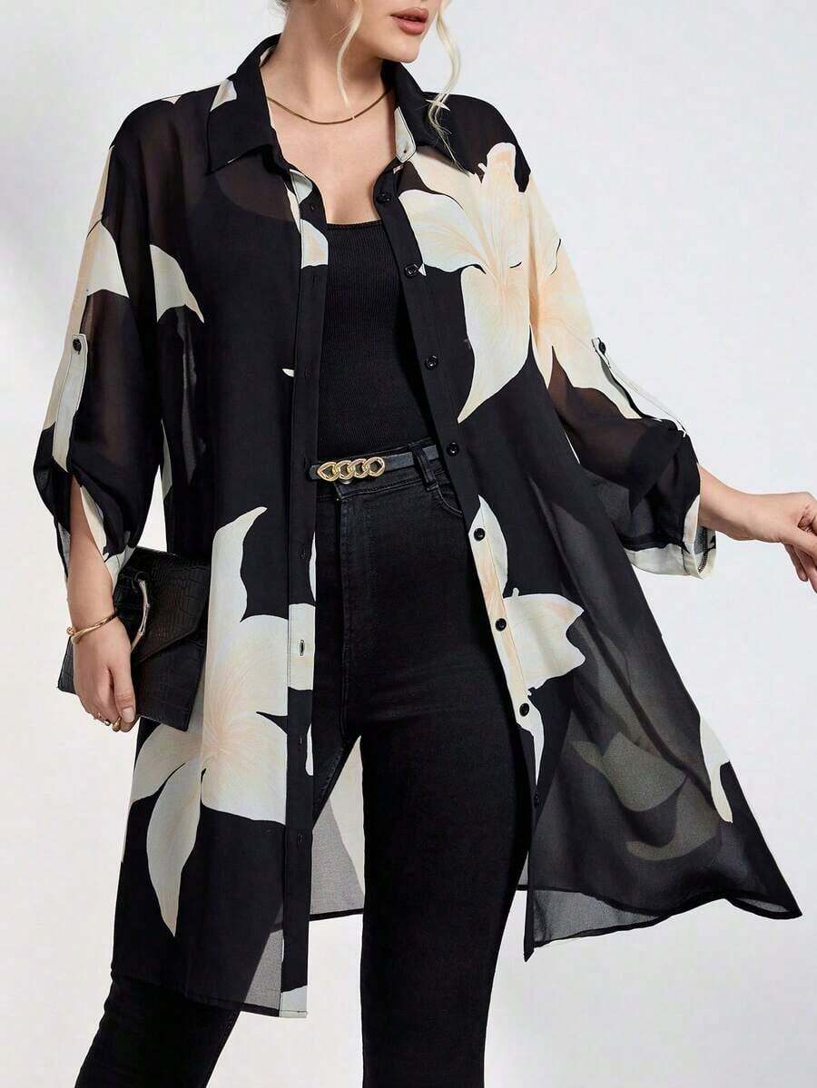 Chikora Camisa de manga larga con estampado floral y abotonadura sencilla para mujer de talla grande - Multicolor 2 - Ver 1