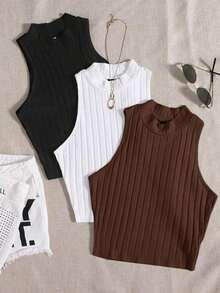 Top de tanque casual sólido de cuello redondo acanalado para el verano - Marrón Chocolate - Ver 5
