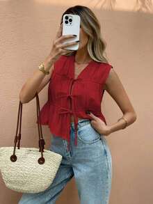 Frenchy Camisa informal de mujer sin mangas con botones de unicolor para vacaciones - Rojo - Ver 6