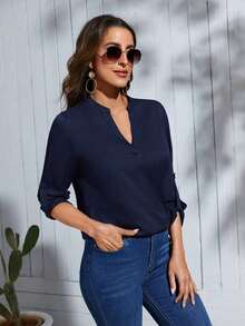 Clasi Blusa con cuello con muesca y mangas enrollables, blusas de manga larga - Azul marino - Ver 4