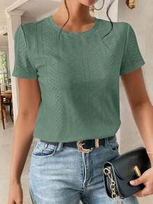 Camiseta blanca de cuello redondo con bordado de ojales, minimalista para ir a la oficina, estilo antiguo y sencillo - Verde - Ver 5