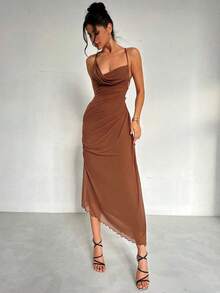 elegante y romántico de estilo elegante y sexy para mujer, adecuado para fiesta, vacaciones, vuelta al colegio, cita romántica y boda, vestido de fiesta, vestido largo con cuello drapeado, espalda descubierta y volantes con lazo - Café integral - Ver 6