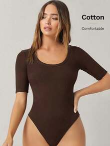 Body de mujer de unicolor, cuello redondo, manga corta, ajuste ceñido, uso diario casual - Café integral - Ver 1
