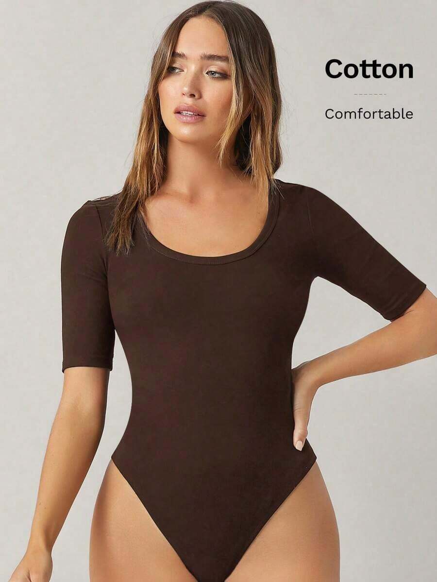 Body de mujer de unicolor, cuello redondo, manga corta, ajuste ceñido, uso diario casual - Café integral - Ver 1
