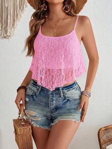Camiseta sin tirantes de punto con parches de encaje y bajo asimétrico, casual para vacaciones de verano, estilo occidental para mujer, bohemio chic, concierto de country, concierto de country, festival de vacaciones, playa para mujer, sin espalda, - Rosa 2 - Ver 6