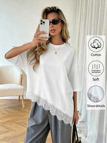 LUNE Camiseta de talla grande con parches de encaje y bajo asimétrico de unicolor - Blanco - Ver 8