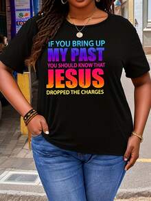 Plus Size - Plus Size - Fashionable Plus Size Women's Short Sleeve T-Shirt With Round Neck And Printed Design For Spring And Summer. - 黑色 - 查看 1