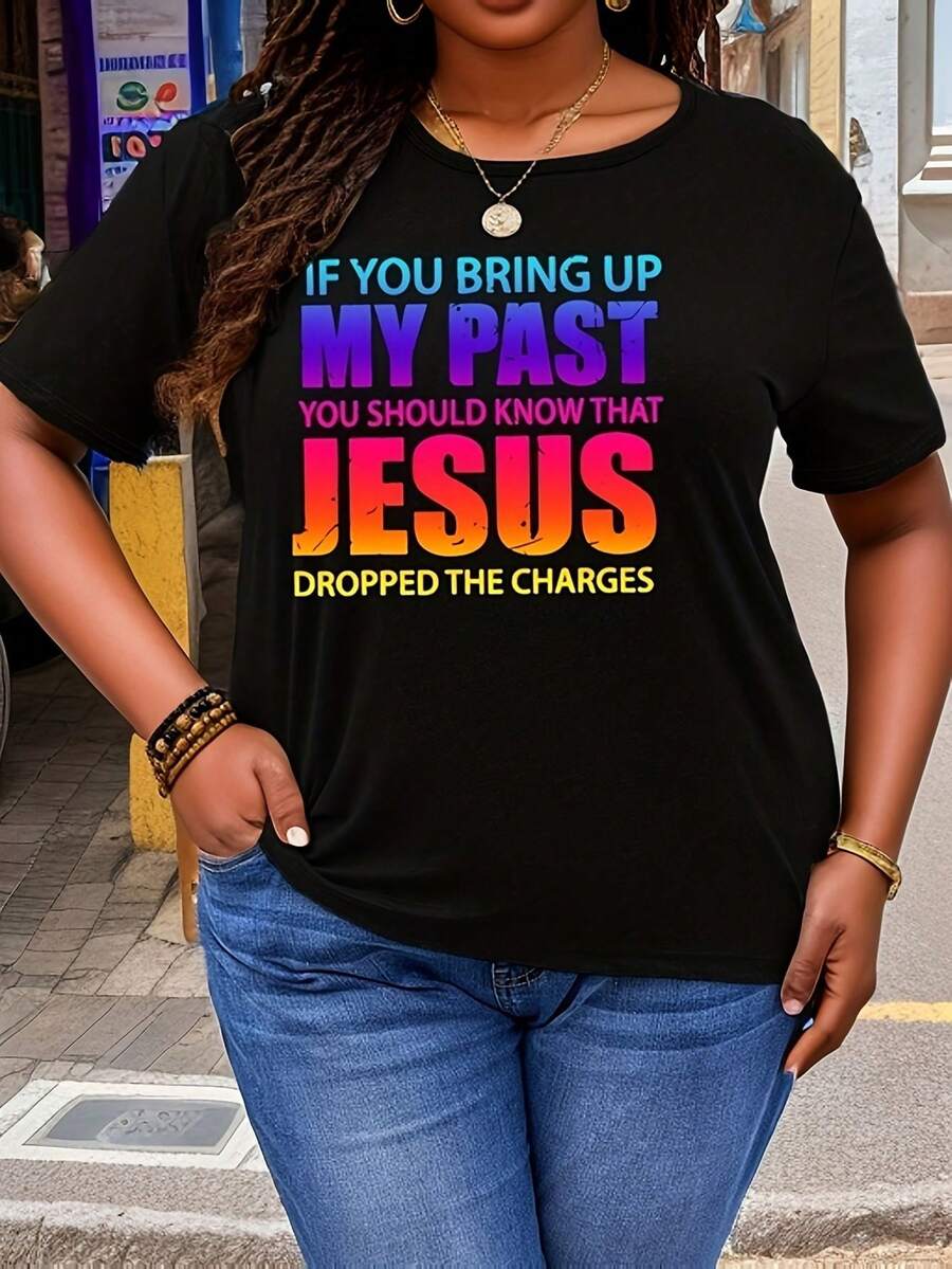 Plus Size - Plus Size - Fashionable Plus Size Women's Short Sleeve T-Shirt With Round Neck And Printed Design For Spring And Summer. - 黑色 - 查看 1